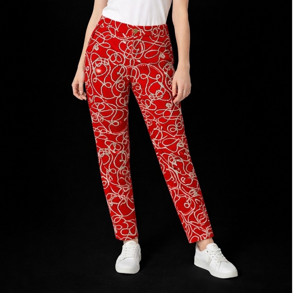 Tommy Hilfiger Rope Print Pants Womens 2 Red Nautical Slim Chino Preppy